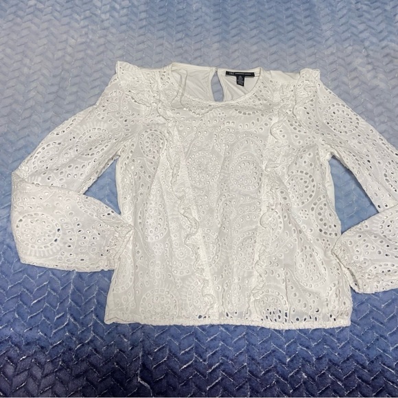 INC Eyelet Bohemian Ruffle Blouse Top Size XS - Picture 2 of 6